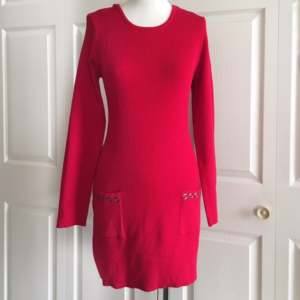 ALYX Women's Red Sweater Knit Long Sleeve Dress With Pockets Size L